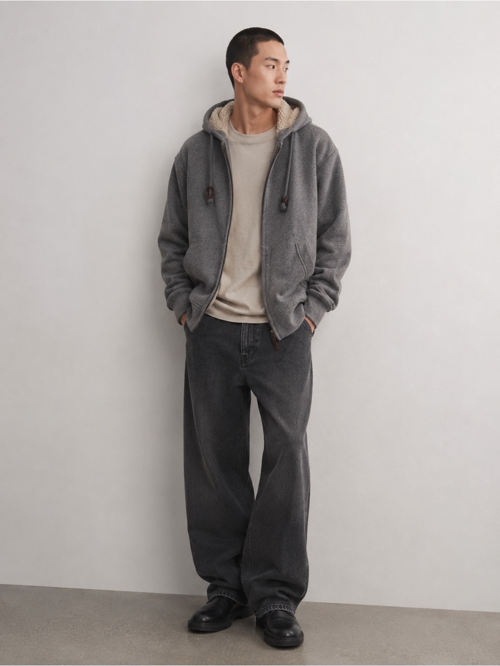 Tu Sherpa-Lined Full Zip Hoodie in Charcoal Gray - Size XL